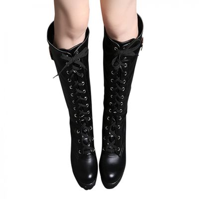 Bcshiye Women's Knee High Lace Up Buckle Military Combat Boots Ladies Vintage Lace Up Riding Booties Western Boots