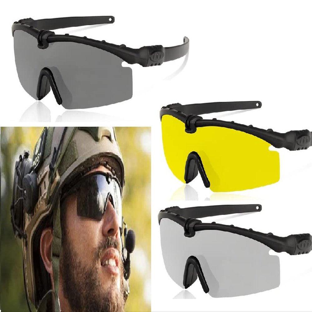 GALAXYLENSE Ballistic Z87 Tactical Military Shooting High Impact Resistance Sunglasses With 3 Replacement Lens And Prescription Glasses Holder Black