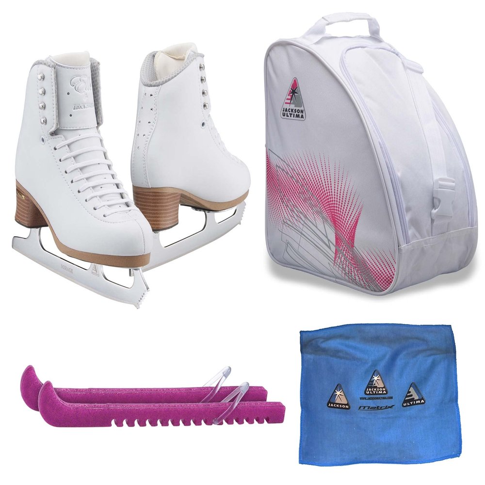 Jackson Ultima Figure Ice Skates ELLE FS2130 / Medium to Wide/Adult 8 Bundle with Bag, Guardog Skate Guards, Towel