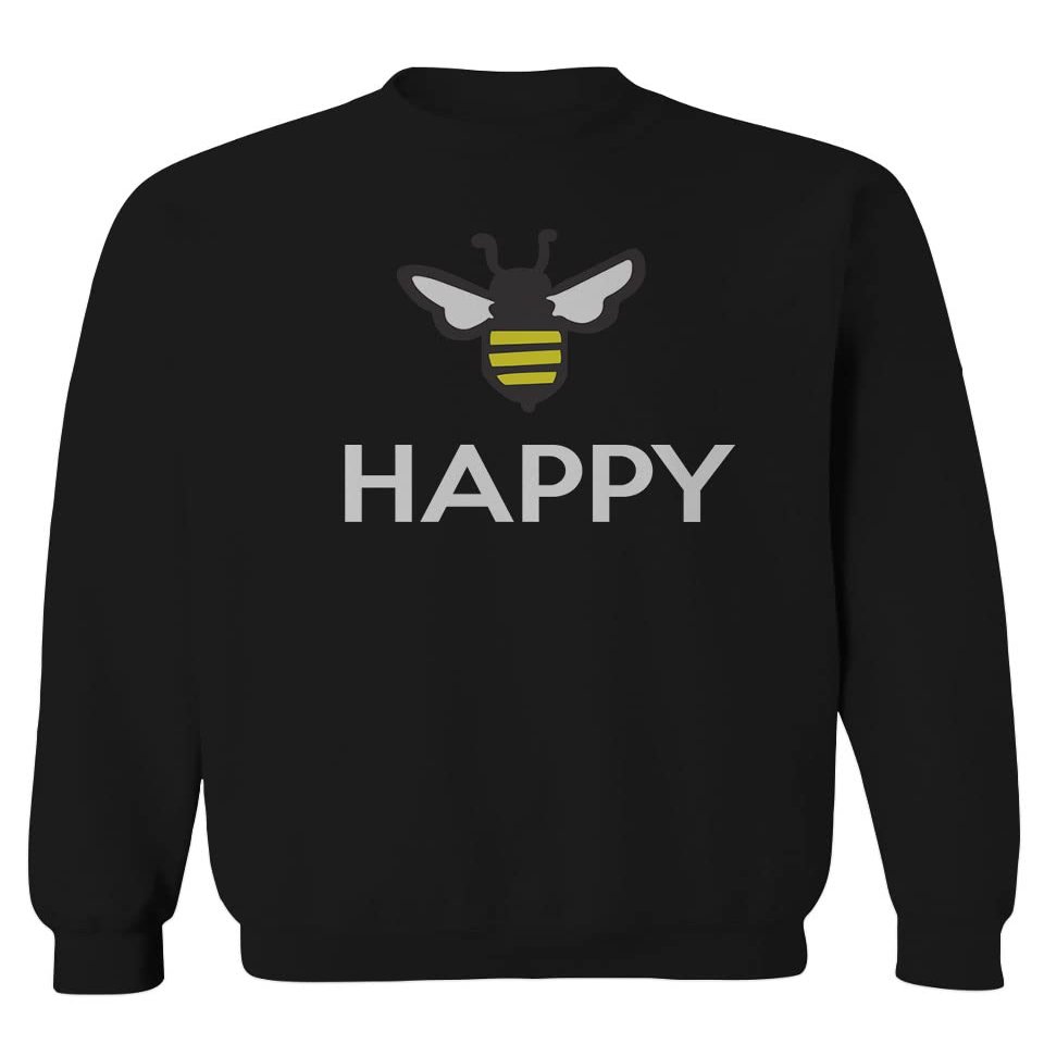 VICES AND VIRTUESS Funny Hilarious Graphic bee be Happy Men's Crewneck Sweatshirt (Black Small)