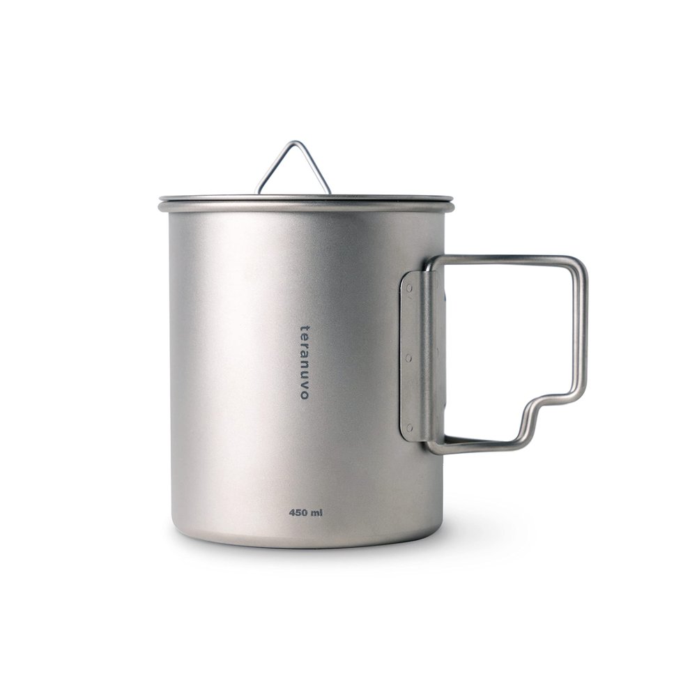 TERANUVO Camping Mug - Titanium, Single 12oz/350ml Camping Coffee Mug, Ultralight, Temperature Resistant, Eco-Friendly Metal, Foldable Handle, Backpacking, Outdoor, Hiking