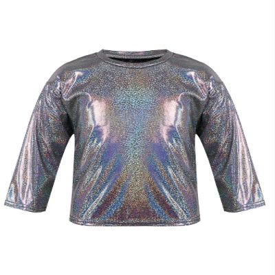 Agoky Kids Girls Metallic Hip Hop Jazz Dance Top Long/Short Sleeve T-Shirt Tops Fashion Loose Fit Dance Performance Costume Black 15-16 Years