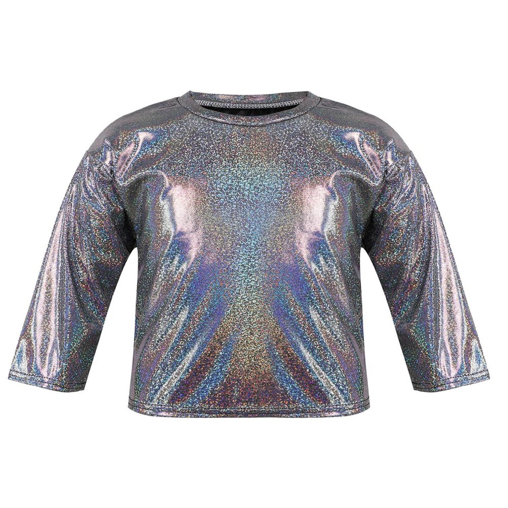 Agoky Kids Girls Metallic Hip Hop Jazz Dance Top Long/Short Sleeve T-Shirt Tops Fashion Loose Fit Dance Performance Costume Black 15-16 Years