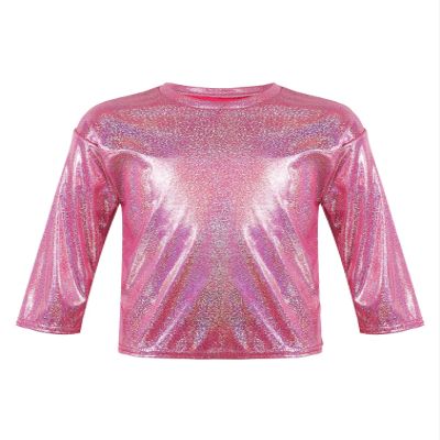 Agoky Kids Girls Metallic Hip Hop Jazz Dance Top Long/Short Sleeve T-Shirt Tops Fashion Loose Fit Dance Performance Costume Rose Red 15-16 Years
