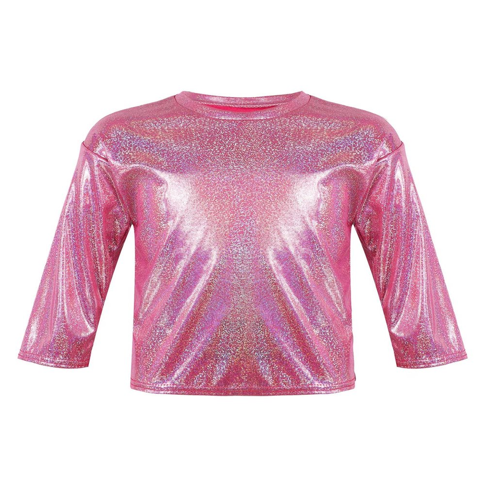 Agoky Kids Girls Metallic Hip Hop Jazz Dance Top Long/Short Sleeve T-Shirt Tops Fashion Loose Fit Dance Performance Costume Rose Red 15-16 Years