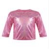 Agoky Kids Girls Metallic Hip Hop Jazz Dance Top Long/Short Sleeve T-Shirt Tops Fashion Loose Fit Dance Performance Costume Rose Red 15-16 Years view 1