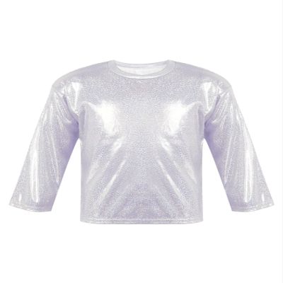 Agoky Kids Girls Metallic Hip Hop Jazz Dance Top Long/Short Sleeve T-Shirt Tops Fashion Loose Fit Dance Performance Costume Silver 17-18 Years