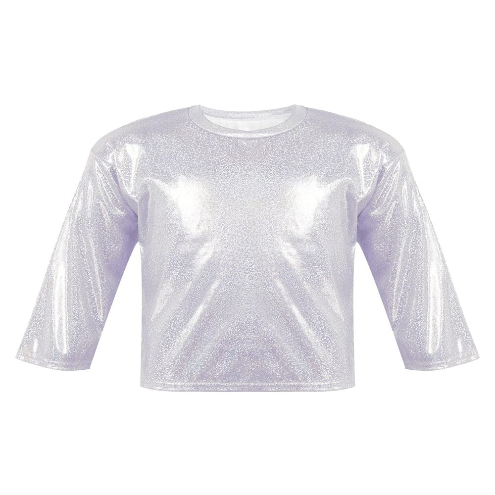 Agoky Kids Girls Metallic Hip Hop Jazz Dance Top Long/Short Sleeve T-Shirt Tops Fashion Loose Fit Dance Performance Costume Silver 17-18 Years