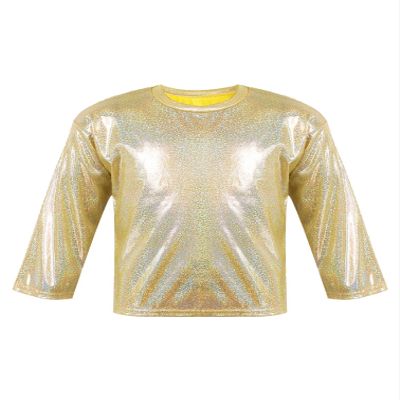 Agoky Kids Girls Metallic Hip Hop Jazz Dance Top Long/Short Sleeve T-Shirt Tops Fashion Loose Fit Dance Performance Costume Gold 17-18 Years