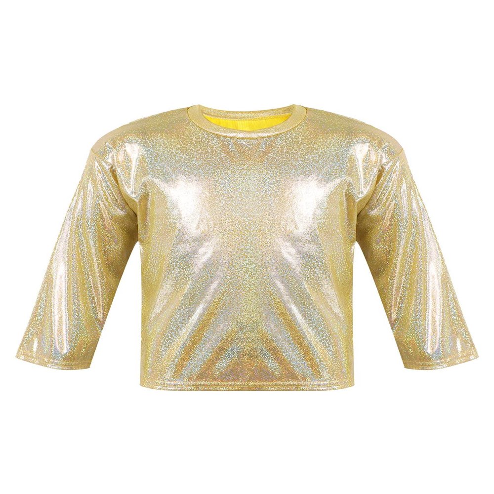 Agoky Kids Girls Metallic Hip Hop Jazz Dance Top Long/Short Sleeve T-Shirt Tops Fashion Loose Fit Dance Performance Costume Gold 17-18 Years