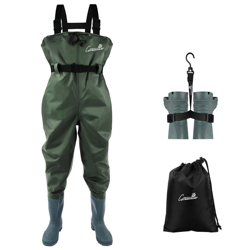 GREENWATER Fishing Chest Waders for Men Women with Boots Waterproof 2ply Nylon PVC Lightweight Bootfoot Waders for Hunting (Green, M13)