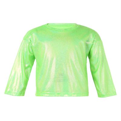 Agoky Kids Girls Metallic Hip Hop Jazz Dance Top Long/Short Sleeve T-Shirt Tops Fashion Loose Fit Dance Performance Costume Green 7-8 Years