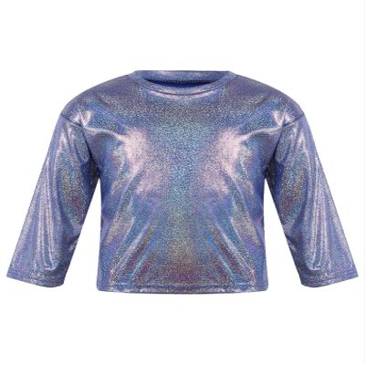 Agoky Kids Girls Metallic Hip Hop Jazz Dance Top Long/Short Sleeve T-Shirt Tops Fashion Loose Fit Dance Performance Costume Royal Blue 15-16 Years