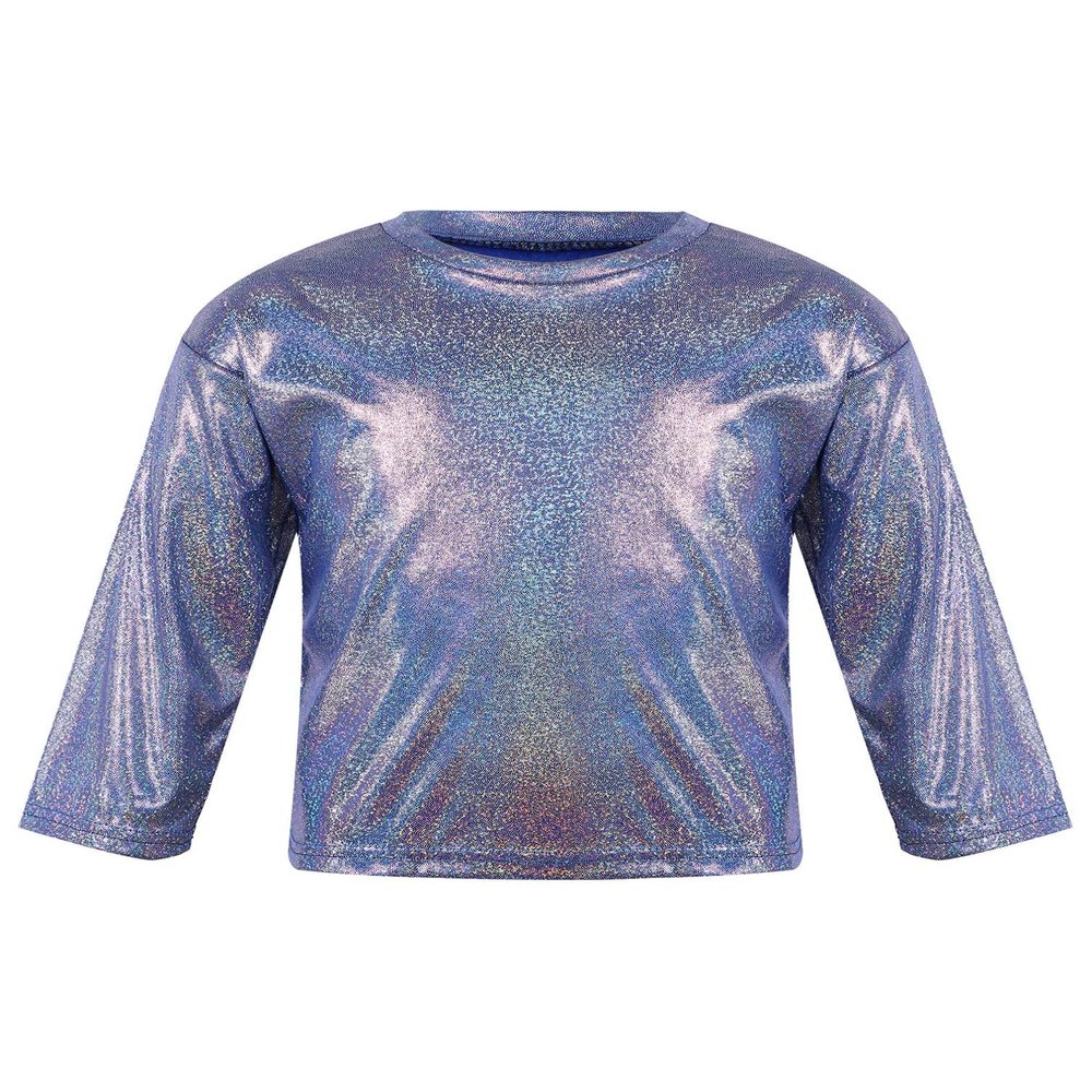 Agoky Kids Girls Metallic Hip Hop Jazz Dance Top Long/Short Sleeve T-Shirt Tops Fashion Loose Fit Dance Performance Costume Royal Blue 15-16 Years