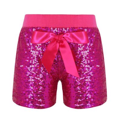 Agoky Kids Girls Fashion Elastic Waist Pull On Shiny Sequin Dance Shorts with Bowknot Hip Hop Jazz Dance Training Short Pants Hot Pink 5-6 Years