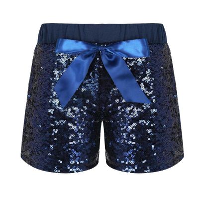 Agoky Kids Girls Fashion Elastic Waist Pull On Shiny Sequin Dance Shorts with Bowknot Hip Hop Jazz Dance Training Short Pants Navy Blue 5-6 Years