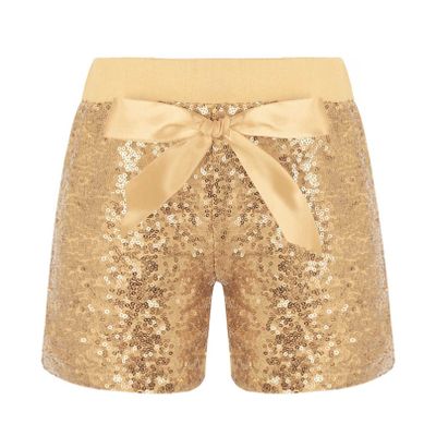 Agoky Kids Girls Fashion Elastic Waist Pull On Shiny Sequin Dance Shorts with Bowknot Hip Hop Jazz Dance Training Short Pants Gold 1-2 Years