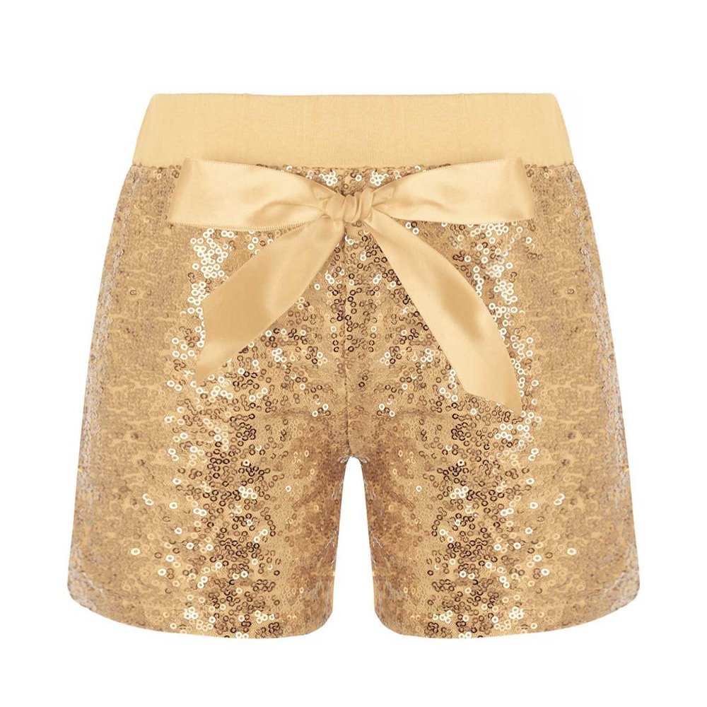 Agoky Kids Girls Fashion Elastic Waist Pull On Shiny Sequin Dance Shorts with Bowknot Hip Hop Jazz Dance Training Short Pants Gold 1-2 Years