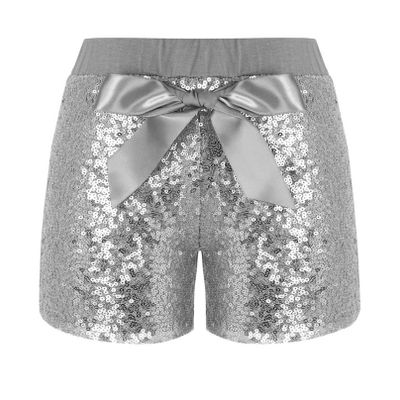 Agoky Kids Girls Fashion Elastic Waist Pull On Shiny Sequin Dance Shorts with Bowknot Hip Hop Jazz Dance Training Short Pants Silver 5-6 Years