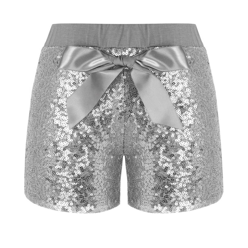 Agoky Kids Girls Fashion Elastic Waist Pull On Shiny Sequin Dance Shorts with Bowknot Hip Hop Jazz Dance Training Short Pants Silver 5-6 Years