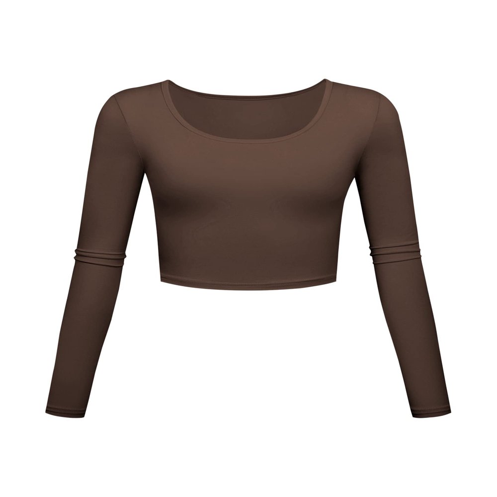 Long Sleeve Crop Tops for Women Workout Basic Clothes for Teen Ladies Fitted Slim Scoop Neck Cute Yoga Shirts (Coffee, X-Small)