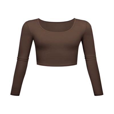 Long Sleeve Crop Tops for Women Workout Basic Clothes for Teen Ladies Fitted Slim Scoop Neck Cute Yoga Shirts (Coffee, Medium)