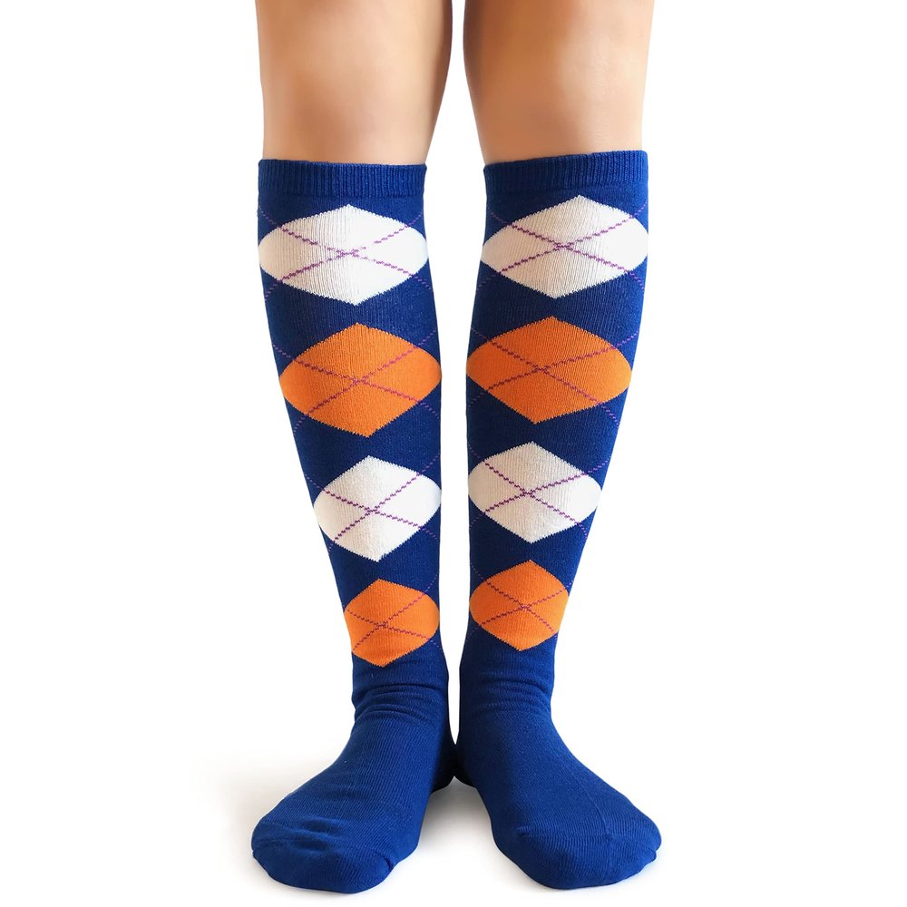 Spotlight Hosiery Women's Fashion Argyle Knee High Socks, Royal Blue/Orange/White