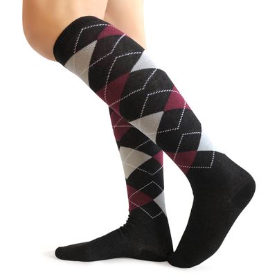 Spotlight Hosiery Women's Fashion Argyle Knee High Socks, Black/Maroon(Burgundy)/Light Gray