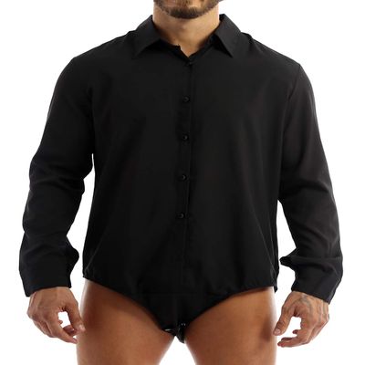 Hedmy Mens One Piece Long Sleeves Turn-Down Collar Button Down Bodysuit Dress Shirt Tops Undershir Black X-Large