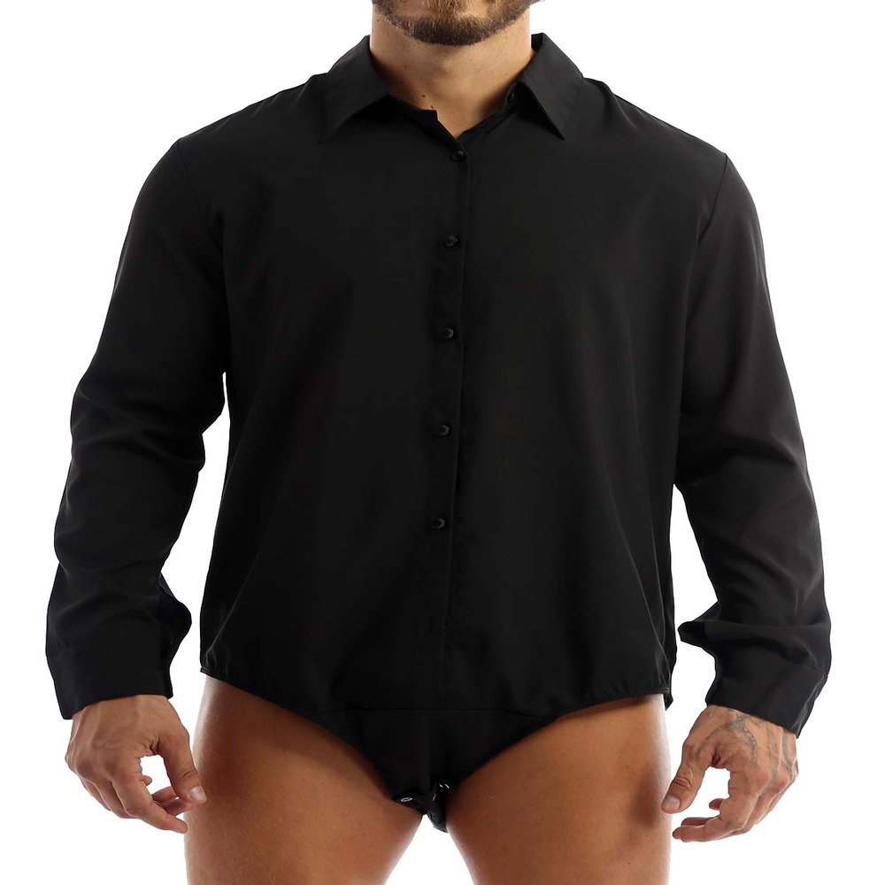 Hedmy Mens One Piece Long Sleeves Turn-Down Collar Button Down Bodysuit Dress Shirt Tops Undershir Black X-Large