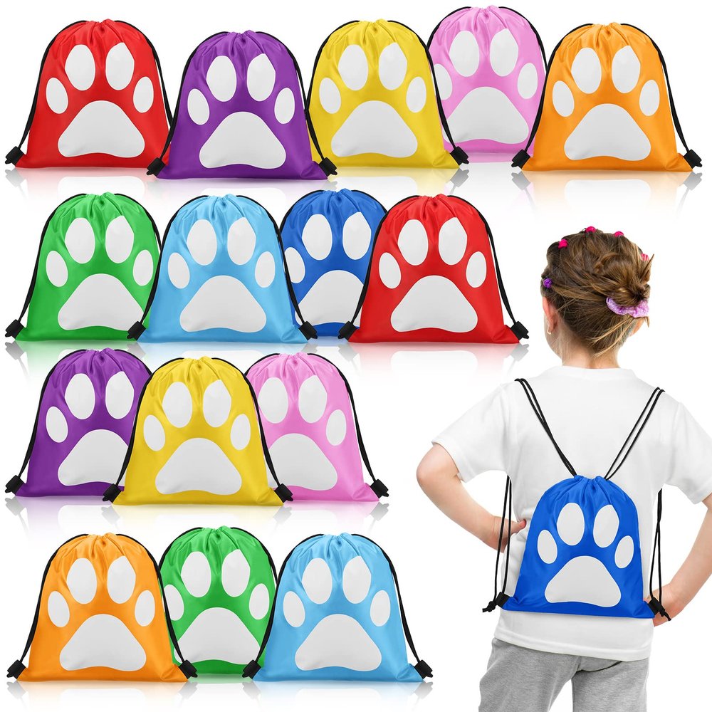 Eccliy 24 Pcs Paw Print Drawstring Backpack Reusable Paw Bags Cute Puppy String Gift Bags Party Favor Gift Candy Goodies Treat Backpack for Party Travel Favors Kids