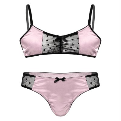 Sxiwei Men Sissy Lingerie Set Satin Pajamas Nightwear Outfit Bra Panties Sets Crossdress Underwear Pink Medium