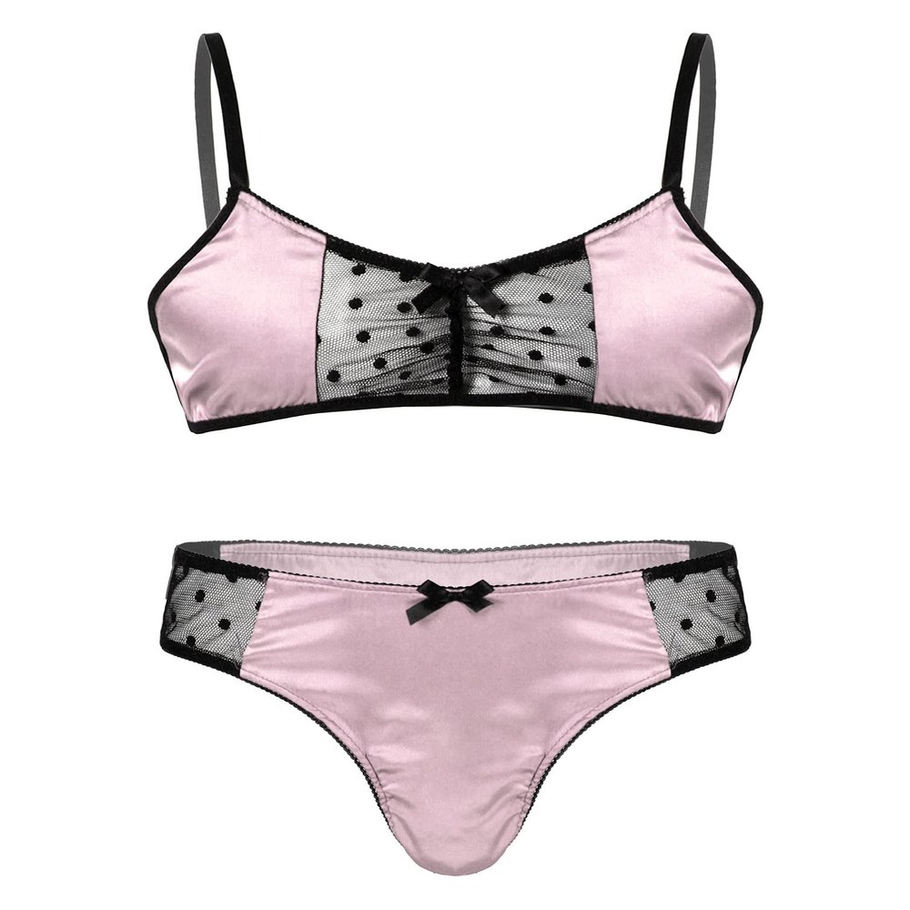 Sxiwei Men Sissy Lingerie Set Satin Pajamas Nightwear Outfit Bra Panties Sets Crossdress Underwear Pink Medium