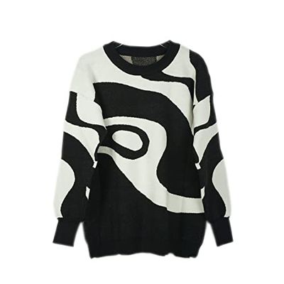 Autumn Winter Women Round Neck Sweater Loose Knit Pullover Tops Women (E3254 Black, L)