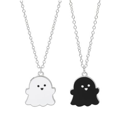 2 Pcs Black White Ghost Pendant Necklace, Lovely Ghost Enamel Charm Necklace for Women Friendship BFF Couple Memorial Jewelry Valentines Day Halloween Costume Deco-black white