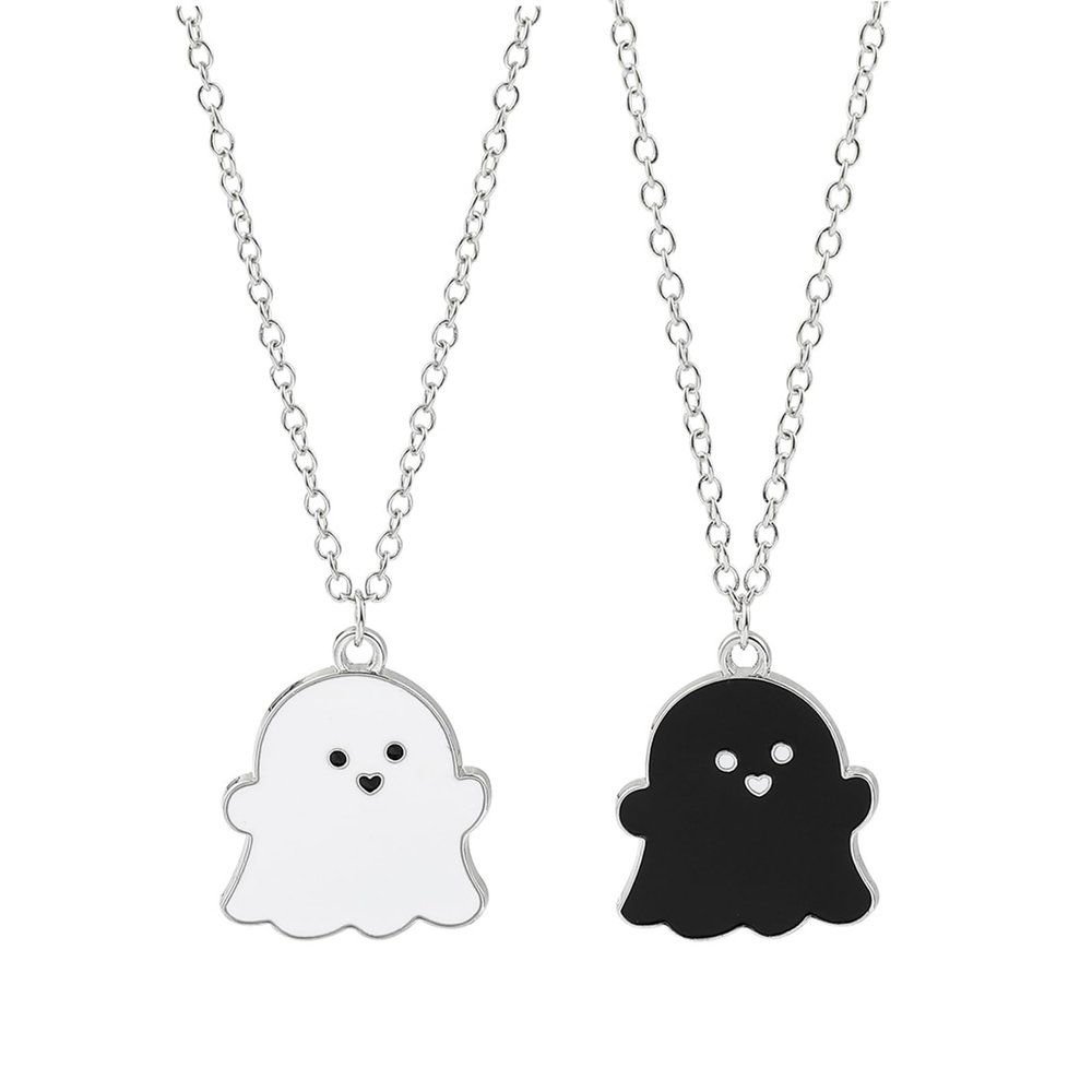 2 Pcs Black White Ghost Pendant Necklace, Lovely Ghost Enamel Charm Necklace for Women Friendship BFF Couple Memorial Jewelry Valentines Day Halloween Costume Deco-black white