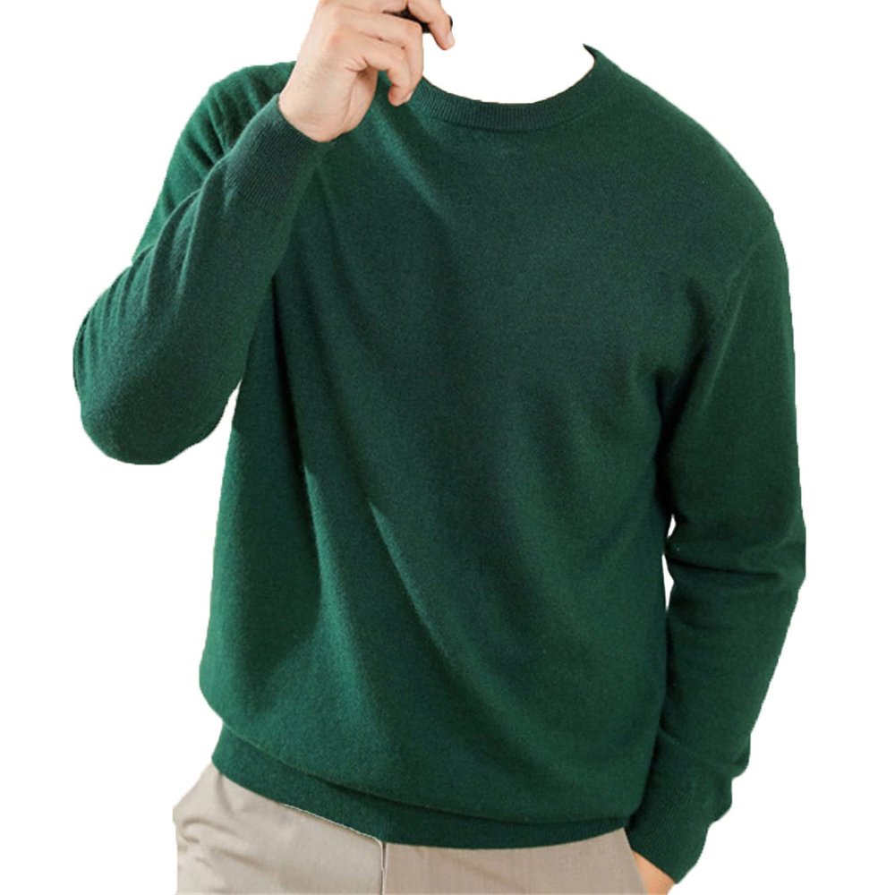 Kaxiya2021 Men's V-Neck Sweater Long-Sleeved Solid Color Pullover Knit Top Wool Blend Round Neck Thicken Business Outer Wear Top (Dark Green,X-Large)