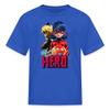 Spreadshirt Miraculous Merchandise Be Your Own Hero Ladybug Cat Noir Kid's T-Shirt, S, Royal Blue view 1