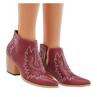 Bcshiye Women Ankle Boots Casual Pointed Toe Chunky Low Heel Zipper Western Boots Cutout Vintage Embroidery Shorts Booties