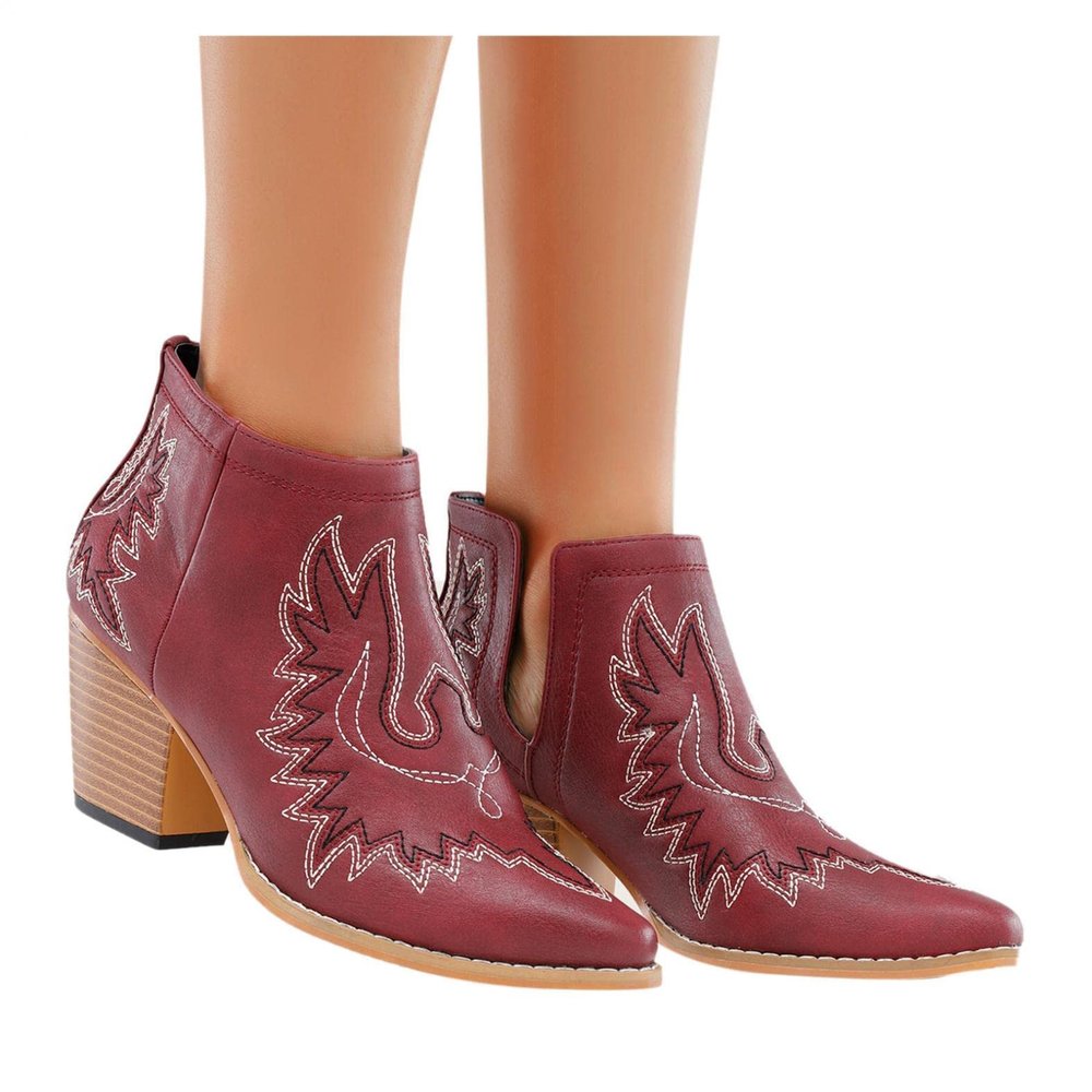 Bcshiye Women Ankle Boots Casual Pointed Toe Chunky Low Heel Zipper Western Boots Cutout Vintage Embroidery Shorts Booties