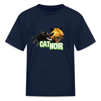 Spreadshirt Miraculous Merchandise Cat Noir Adrien Pose Kid's T-Shirt, L, Navy