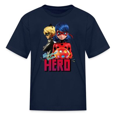 Spreadshirt Miraculous Merchandise Be Your Own Hero Ladybug Cat Noir Kid's T-Shirt, M, Navy