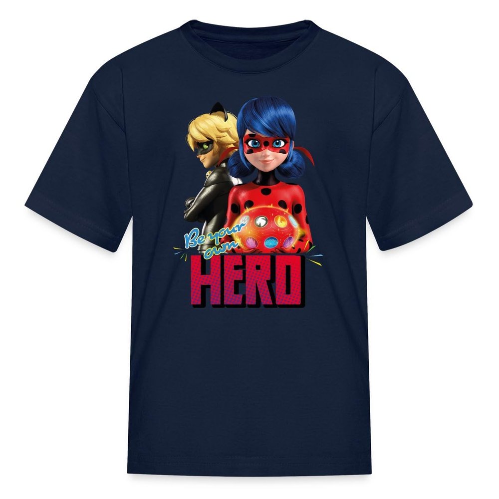 Spreadshirt Miraculous Merchandise Be Your Own Hero Ladybug Cat Noir Kid's T-Shirt, M, Navy