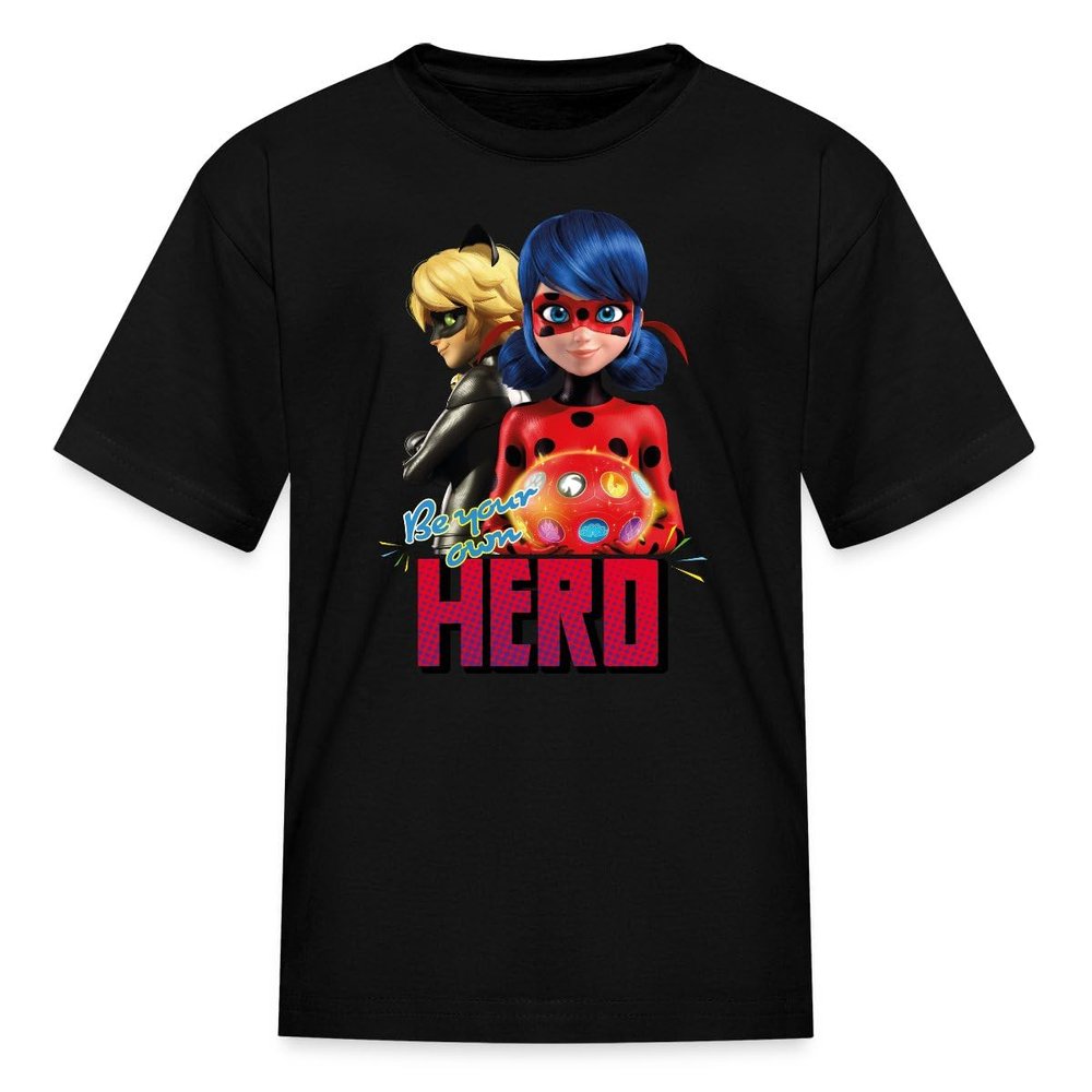 Spreadshirt Miraculous Merchandise Be Your Own Hero Ladybug Cat Noir Kid's T-Shirt, M, Black
