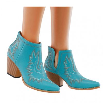 Bcshiye Women Ankle Boots Casual Pointed Toe Chunky Low Heel Zipper Western Boots Cutout Vintage Embroidery Shorts Booties