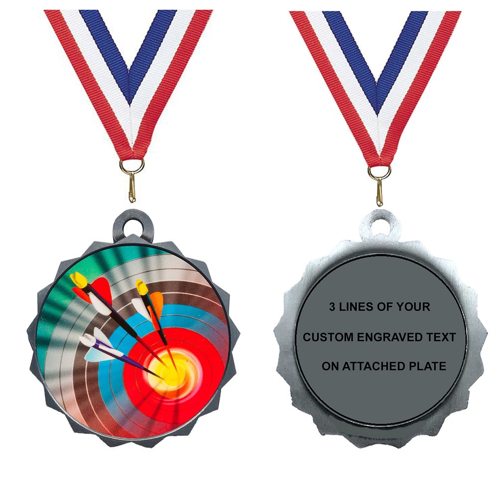 Express Medals Custom Archery Silver Medal Trophy Award with Neck Ribbon & Attached Engraved Plate on Back LAZD214-MY400 25PK