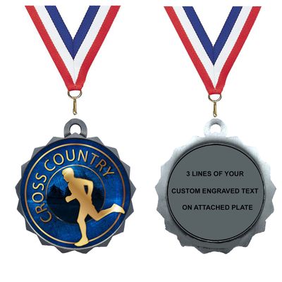 Express Medals Custom Cross Country Silver Medal Trophy Award with Neck Ribbon & Attached Engraved Plate on Back LAZD214-EG20 1PK