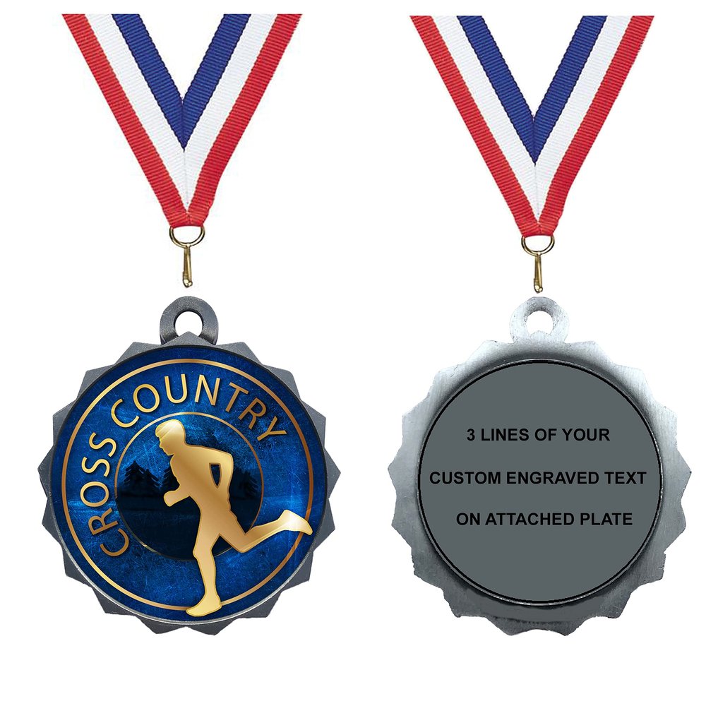 Express Medals Custom Cross Country Silver Medal Trophy Award with Neck Ribbon & Attached Engraved Plate on Back LAZD214-EG20 1PK