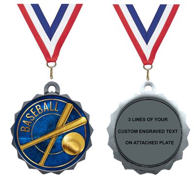 Express Medals Custom Baseball Silver Medal Trophy Award with Neck Ribbon & Attached Engraved Plate on Back LAZD214-EG10 1PK