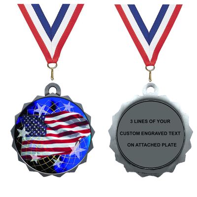 Express Medals Custom American Flag Silver Medal Trophy Award with Neck Ribbon & Attached Engraved Plate on Back LAZD214-FCL570 50PK